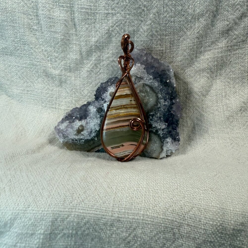 Handmade Banded Calcite Teardrop Natural Gemstone Copper Wire Wrapped Pendant